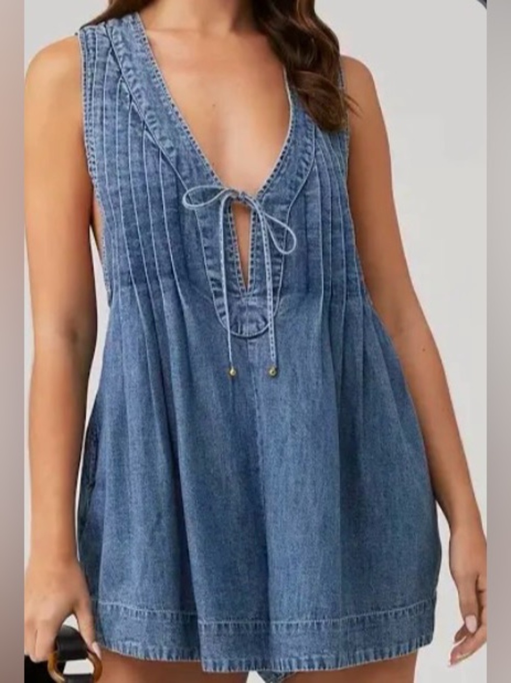 Free People Webster Blue Denim V-Neck Pleated Romper 100% Cotton Boho Small